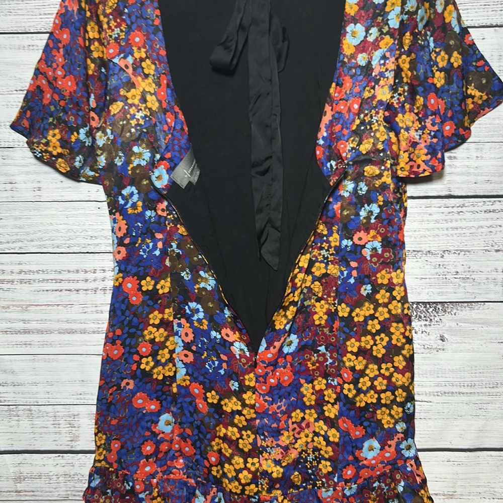 Anthropologie Ruffled Satin Mini Dress Floral Open Low Back Bow 12P - Picture 14 of 16